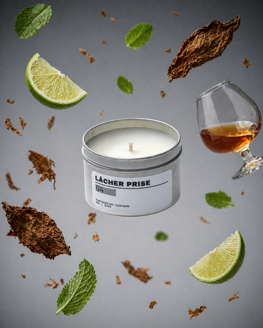 Candle in a tin with 'Lácher Prise' branding, surrounded by lime slices, tobacco leaves, and a glass of alcohol on a gray background.