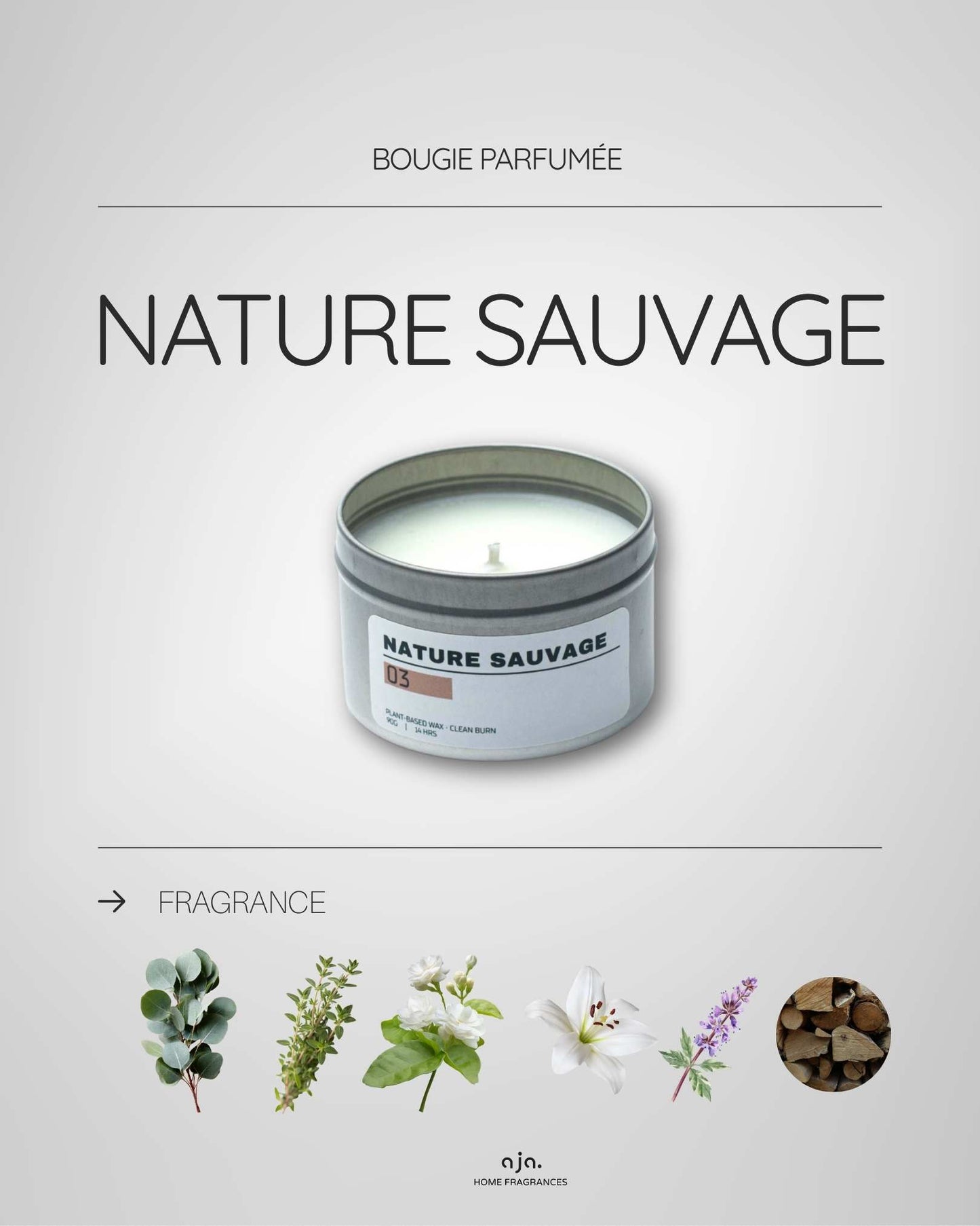 Candle labeled 'Nature Sauvage' with botanical illustrations on a gray background