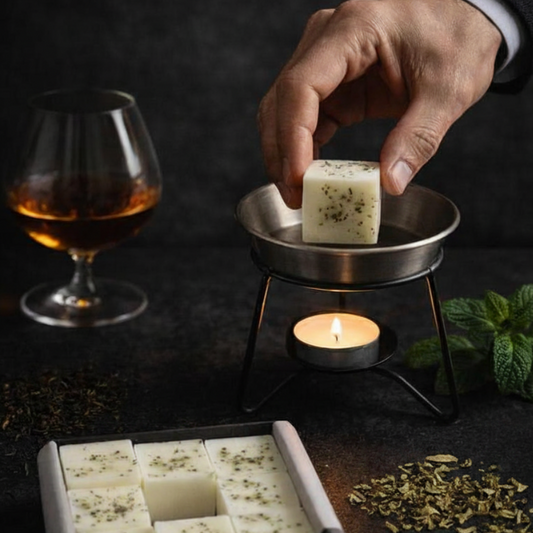 wax melt on a dark premium background with glass of cagnac, mint leaves and tobacco leaves as representation of fragrance of the wax melt cube