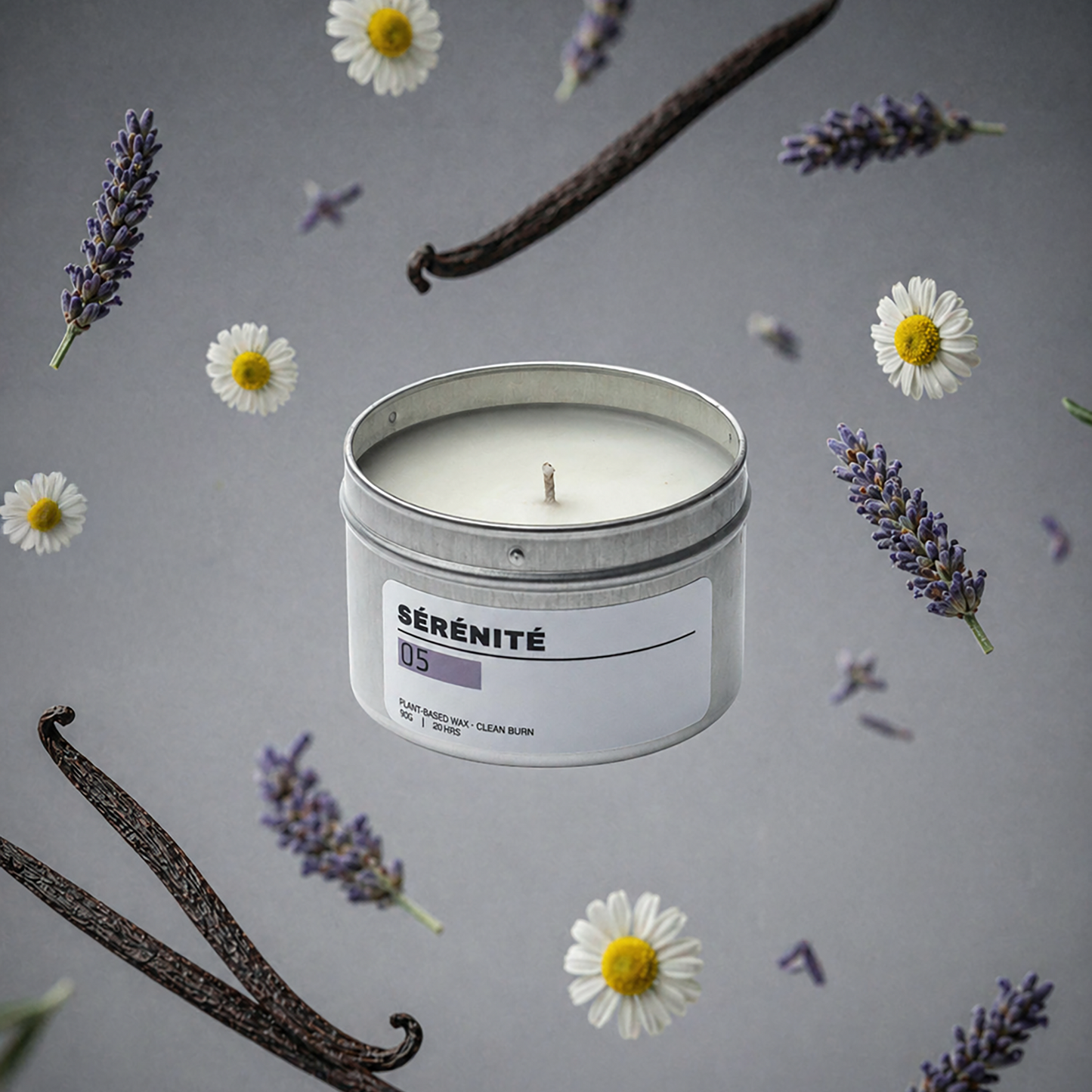 Serenite candle with lavender and vanilla beans on a gray background