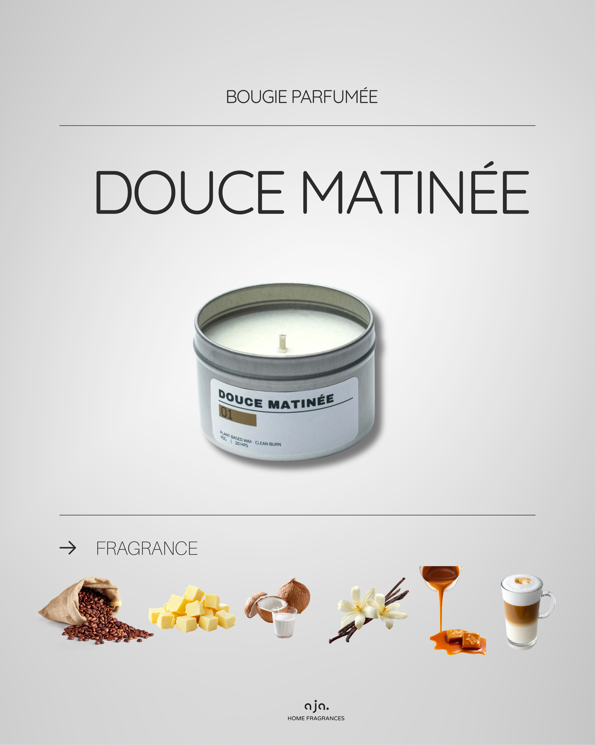 Candle labeled 'Douce Matinée' with fragrance elements on a gray background