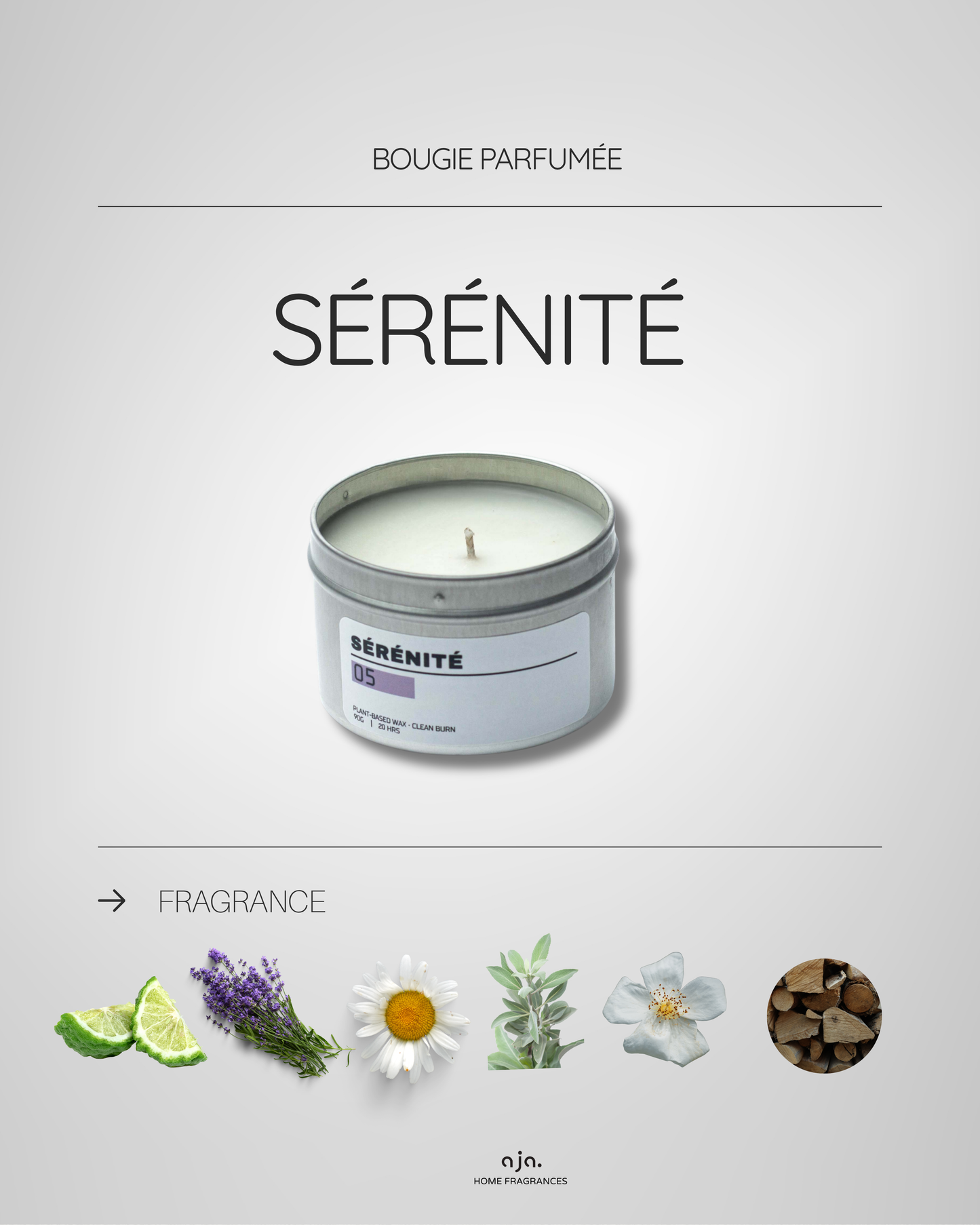 Serenite candle with floral illustrations on a light gray background