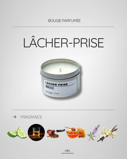 Candle with packaging labeled 'Lâçher Prise' on a gray background