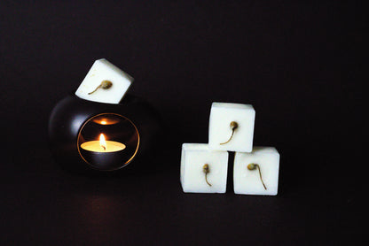 Black candle holder with a lit tealight creates a warm glow. Beside it, three white wax cubes with dried chamomile flower embedded on it