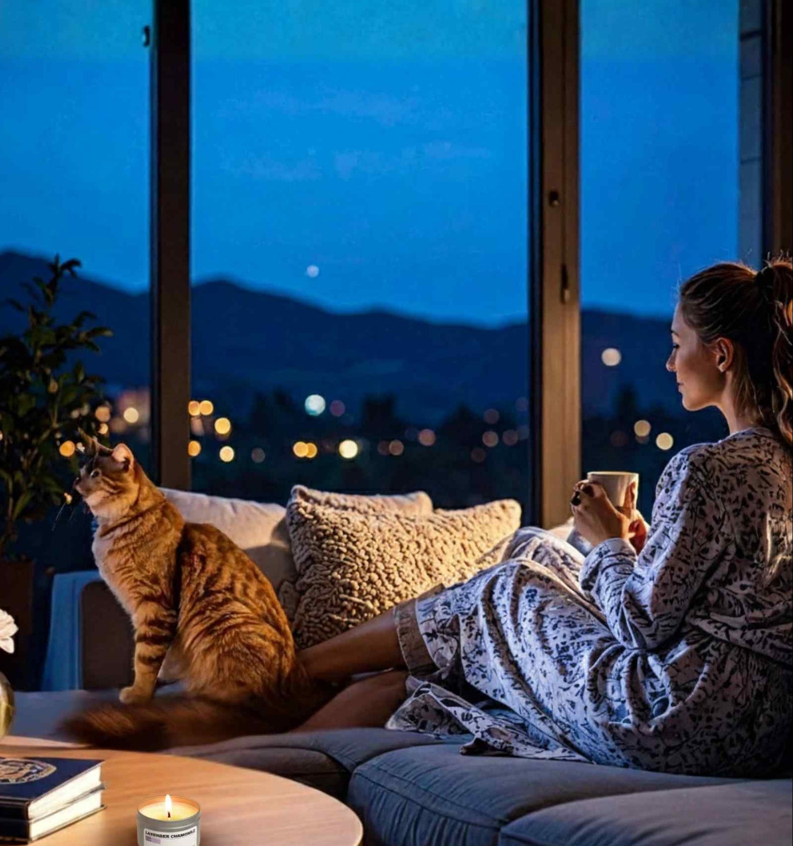 Woman sitting on a couch with a cat, holding a drink, beside her is a cat and a candle by Aja Home Fragrance Brand
