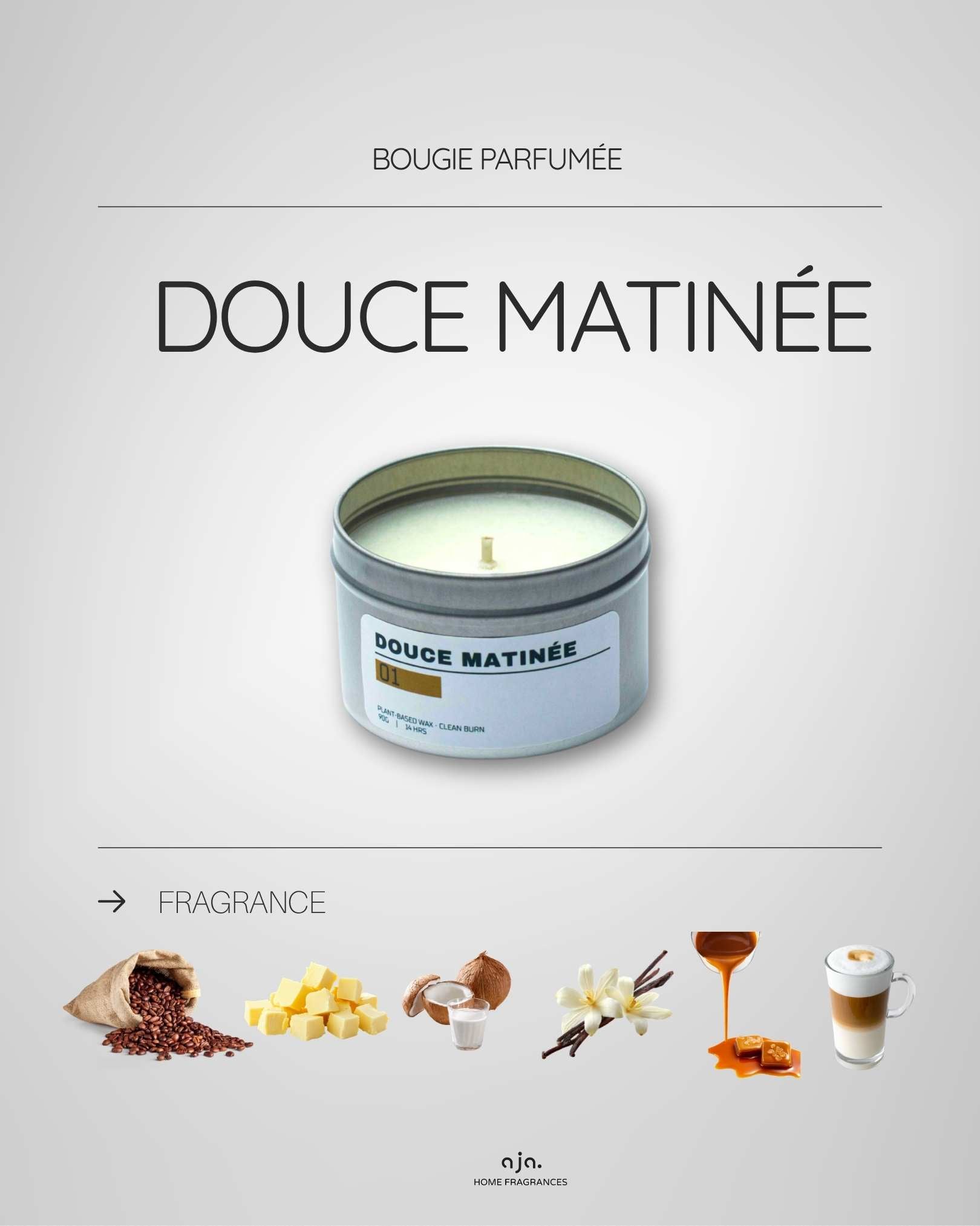 Candle labeled 'Douce Matinée' with fragrance elements on a gray bacbackgroundground