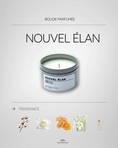 Candle with 'Nouvel Élan' branding on a gray background with photos of fragrance notes 