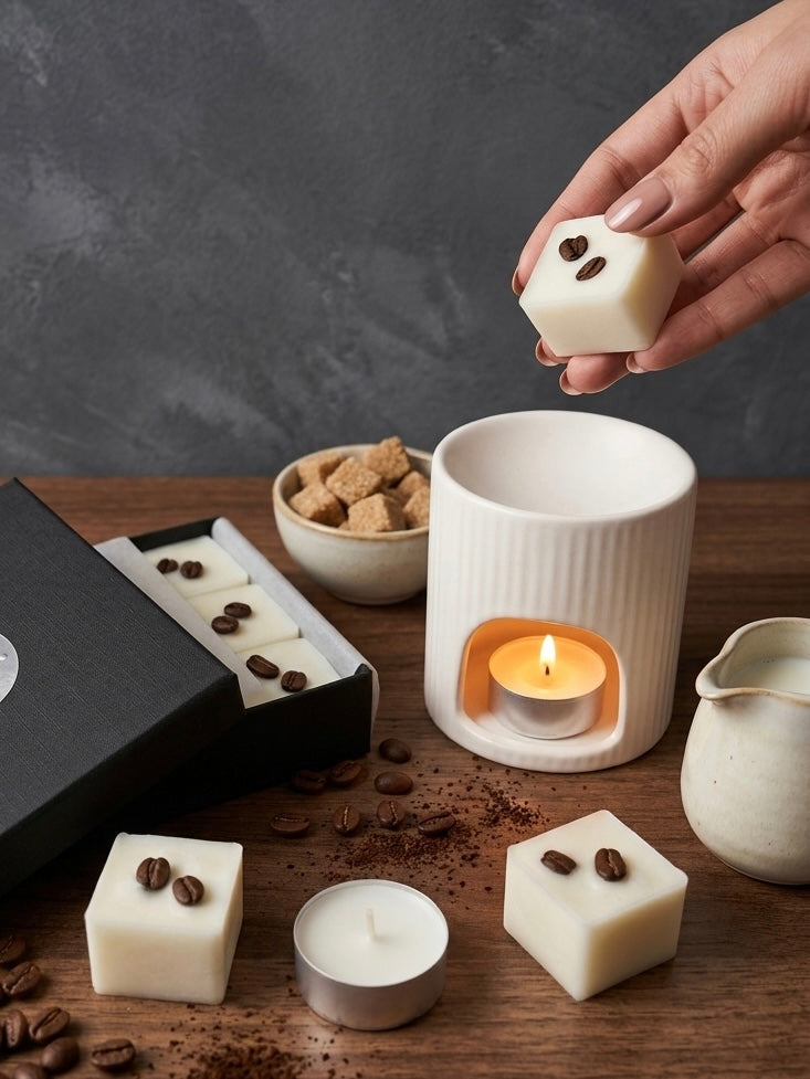 Hand placing a coffee-scented wax cube into a white wax warmer on a wooden surface with scattered coffee beans and a dark background.