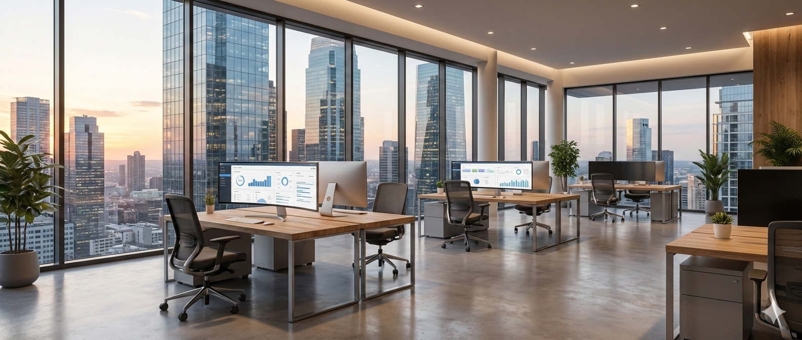 A modern office with a view of skyscraper, the mood is minimalist yet warm 