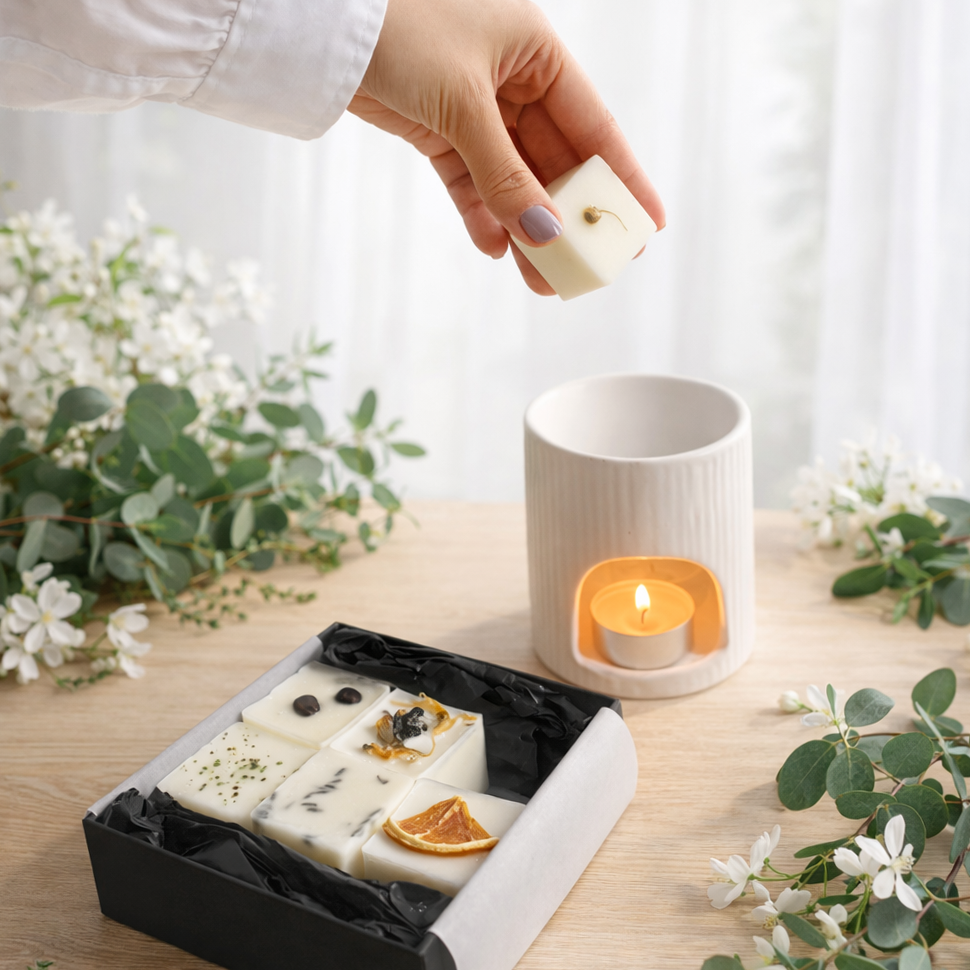 Hand holding a wax melt  cube over a wax burner with a tealight candle and herbs and florals on a wooden surface.