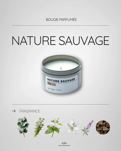 Candle labeled 'Nature Sauvage' with botanical illustrations on a gray background
