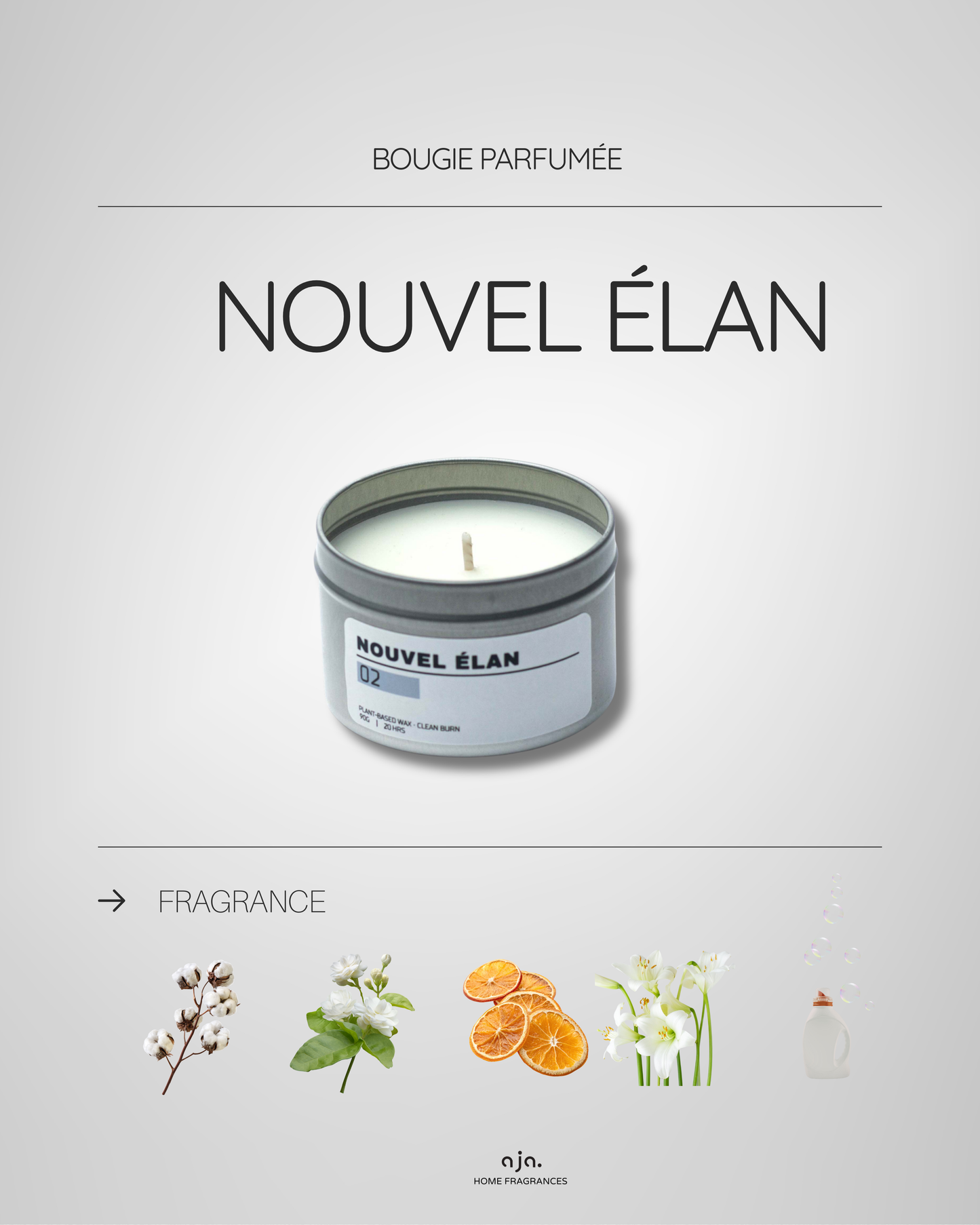 Plant based candle in a tin labeled 'Nouvel Élan' with fragrance icons on a light gray background