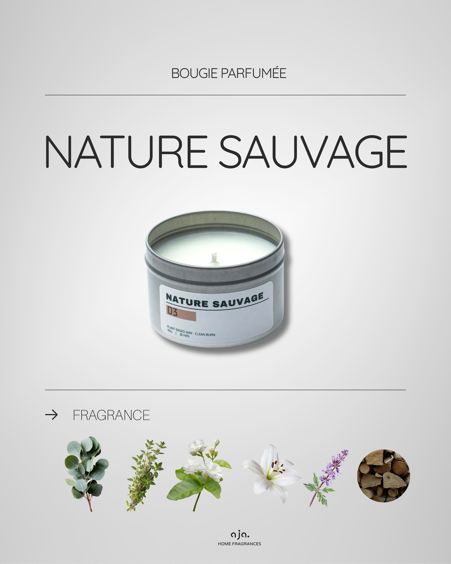 Candle labeled 'Nature Sauvage' with botanical illustrations on a light gray background