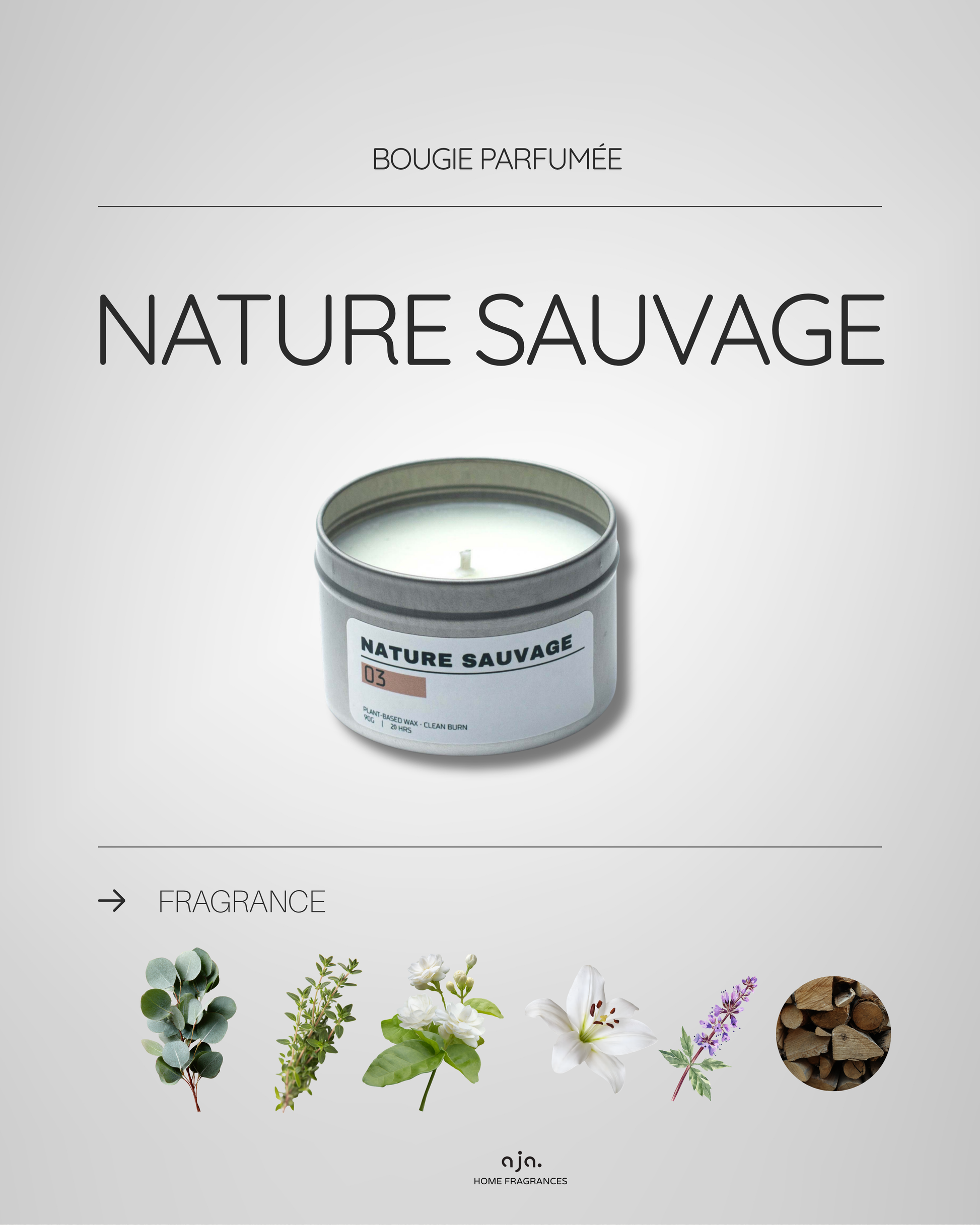 Candle labeled 'Nature Sauvage' with botanical illustrations on a light gray background