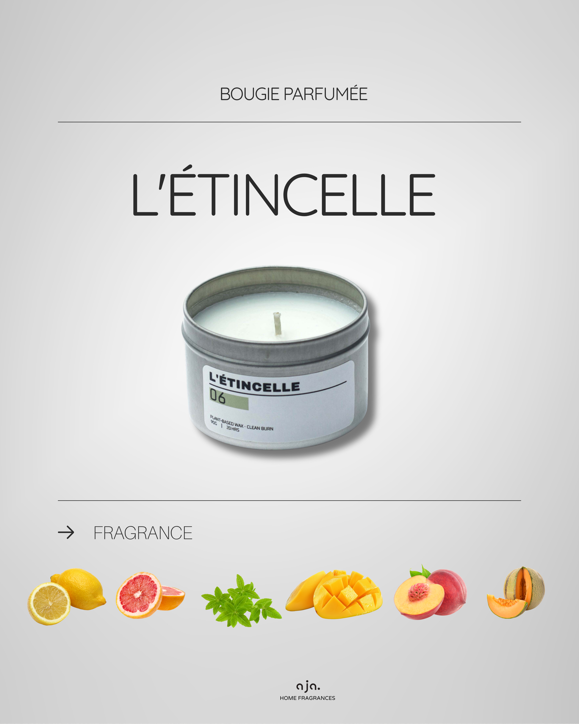 Candle labeled 'L'étincelle' with fragrance icons on a gray background
