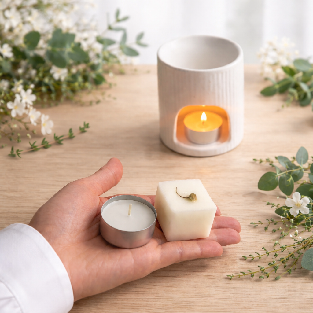 Hand holding a tealight candle, wax melt cube surrounded by decorative elements on a wooden surface.
