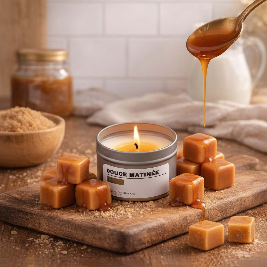Candle labeled 'Douce Matinée' with caramel candies and a spoon drizzling caramel on a wooden board.