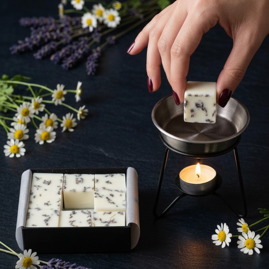 Hand holding a wax melt cube above a wax burner on a dark surface with lavender and flowers.