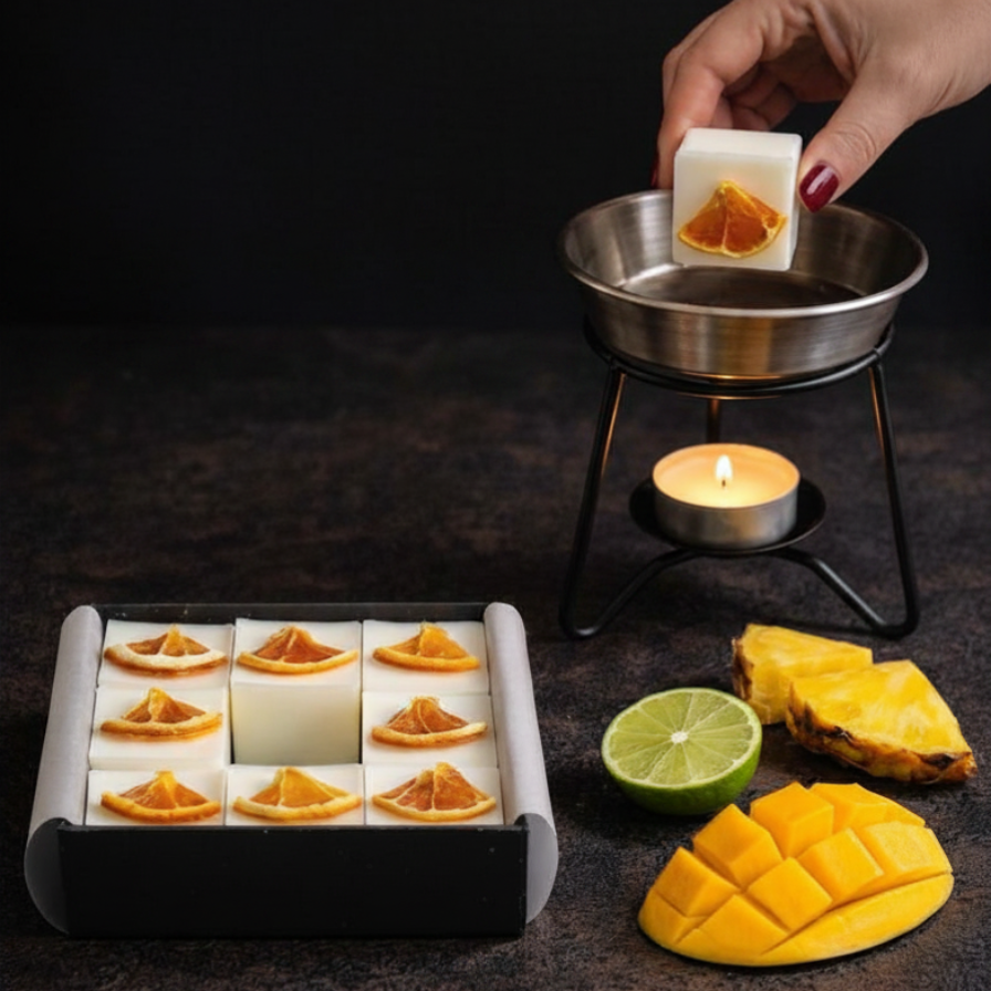 Fruit-flavored wax melts with a lit candle and fruit on a dark surface