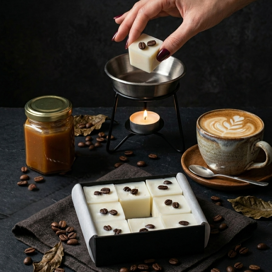 Wax melt with coffee beans and caramel macchiato smell